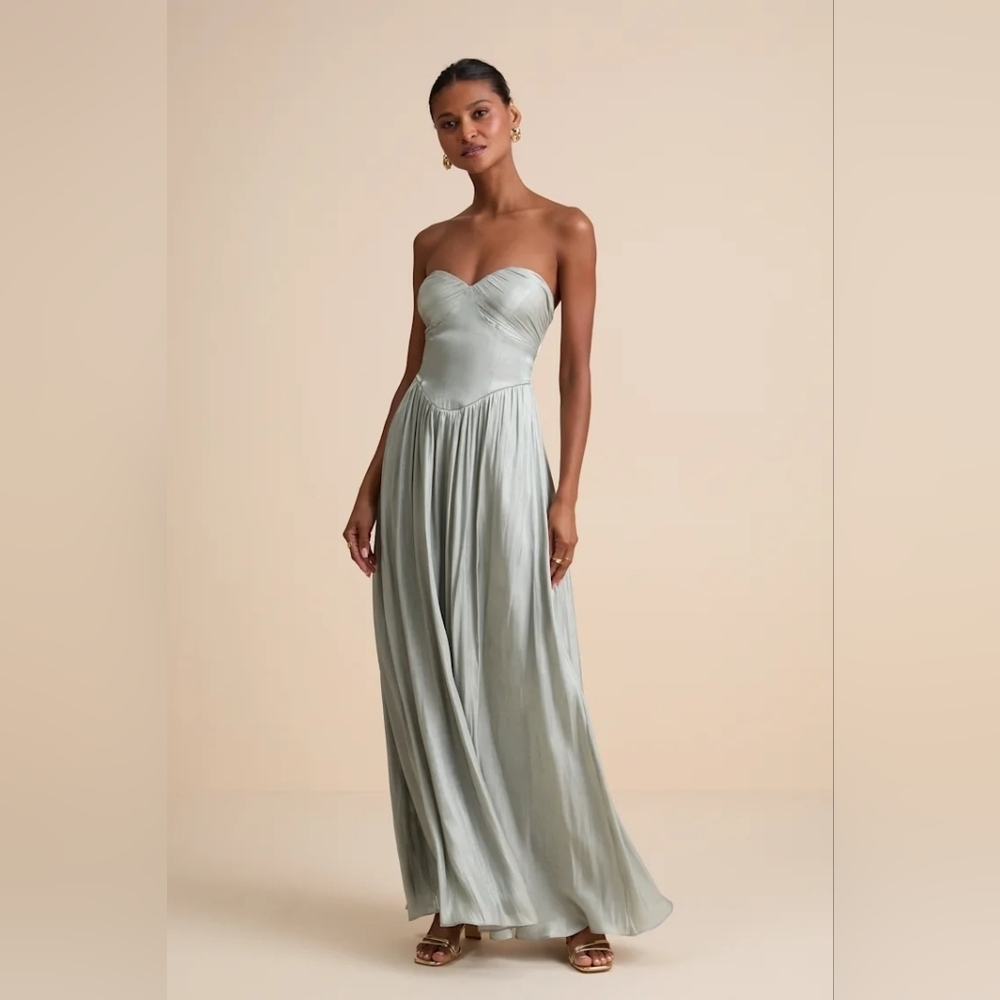 Lulus Kylin Sage Satin Basque Waist Maxi Dress XS Wedding Party Prom Formal - Picture 2 of 10